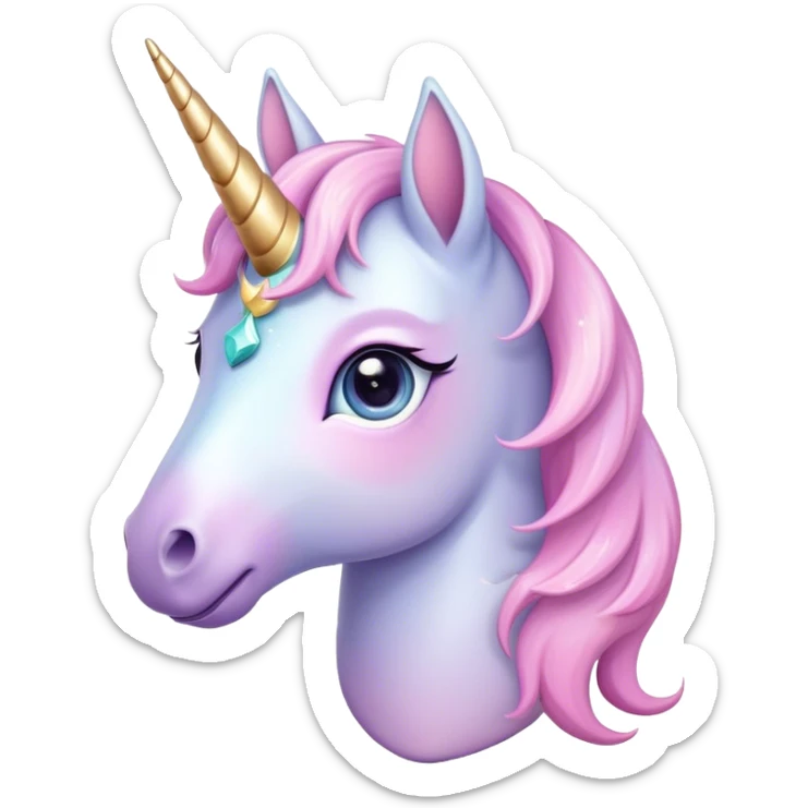 Cinematic Cute Unicorn Pony Portrait Emoji, Head tilted playfully and inquisitively, featuring a charming, diminutive form with a gentle pastel color, a delicate, sparkling horn and large, dreamy eyes full of wonder, Simplified yet irresistibly adorable features, highly detailed, glowing with a warm, magical glow, high shine, affectionate and lively, stylized with a touch of whimsical charm, soft glowing outline, capturing the essence of a mischievous yet endearing unicorn pony that seems as if it could prance out of the screen into your arms! sticker