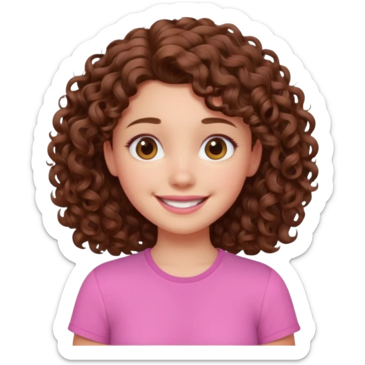 cute brown haired girl with curly hair and bright smile, make it pixar style sticker