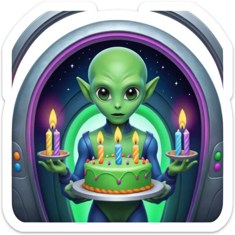 A detailed alien holding a colorful birthday cake with lit candles, standing inside a futuristic spaceship, cinematic lighting, ultra realistic textures, high resolution, dramatic shadows, sci-fi atmosphere
 sticker
