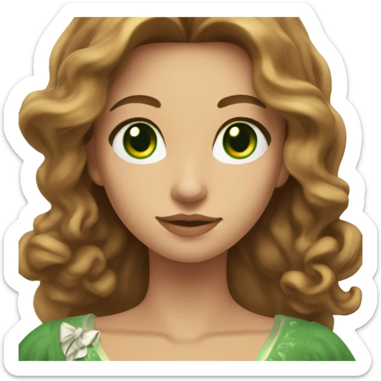 Woman with green eyes, brown long wavy hair, dressed in dress, holding shooting bow sticker