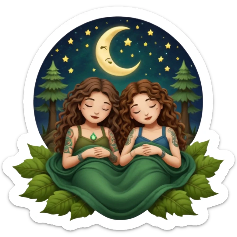 two forest alchemist women — one with long wavy brown hair and tattoos, one with short tight curly brown hair — sleeping back to back under leaf blanket crescent moon above sticker