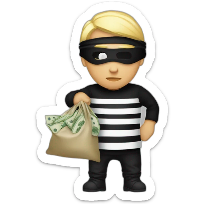 robber with blonde hair wearing a black beanie and a long sleeved white and black horizontally striped t-shirt and wearing black eye mask and holding a bag of money in their left shoulder sticker