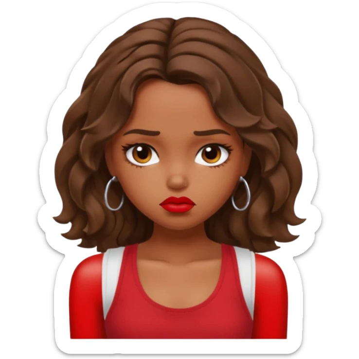 generate a pretty tan bratz girl with brown wavy hair long wearing a red tank top, red lipstick. Looking sad sticker