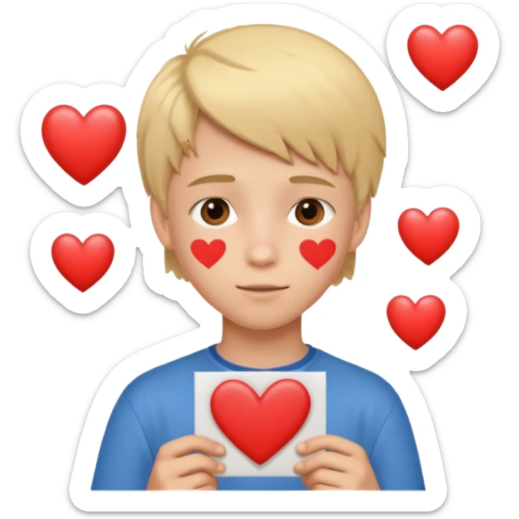 Un garçon blond aux yeux marrons de 13 ans qui tient avec ses mains un L avec des cœurs autour de son visage sticker