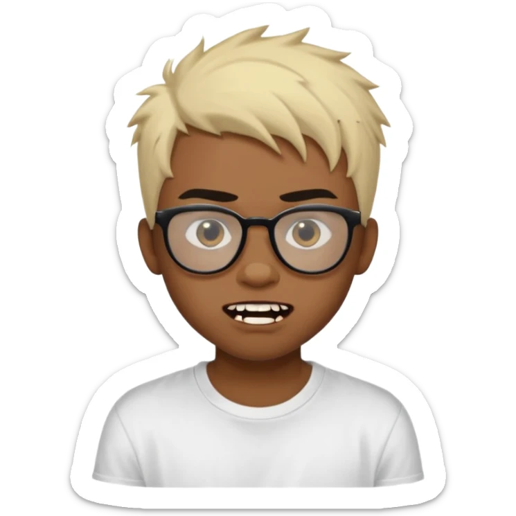 Black Male Teenager with Short punk messy blonde hair, Dark brown bushy eyebrows large expressive golden-brown eyes, wearing a plain white t-shirt, wearing thick black glasses, Dark Brown skin color. Showing off his singular vampire tooth sticker