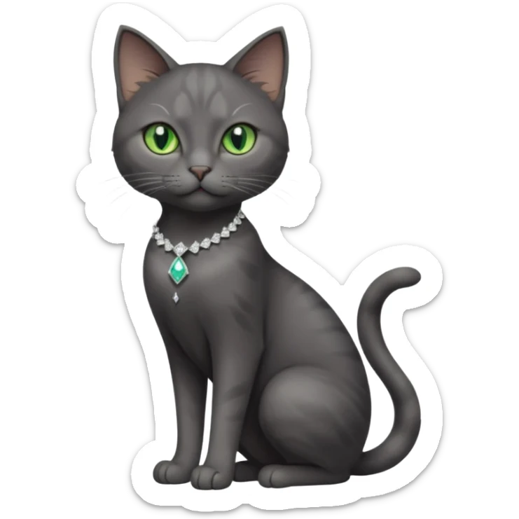 full body view of beautiful female dark grey cat with green eyes, white toes and white diamond on chest sticker