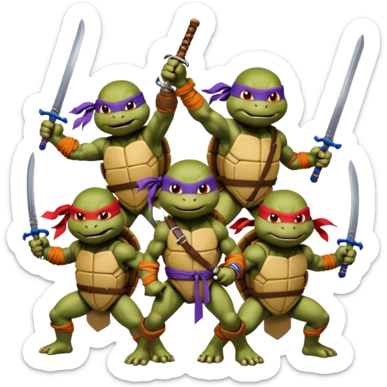 Vector emoji sticker of 4 Ninja Turtles: Leo (blue/swords), Raph (red/sais), Donnie (purple/staff), and Mikey (orange/nunchucks). Action poses, NYC rooftop, pizza box, bold comic style, white border. sticker
