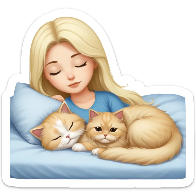 pretty girl with dark long hair sleeping with blonde fluffy  persian cat in bed sticker
