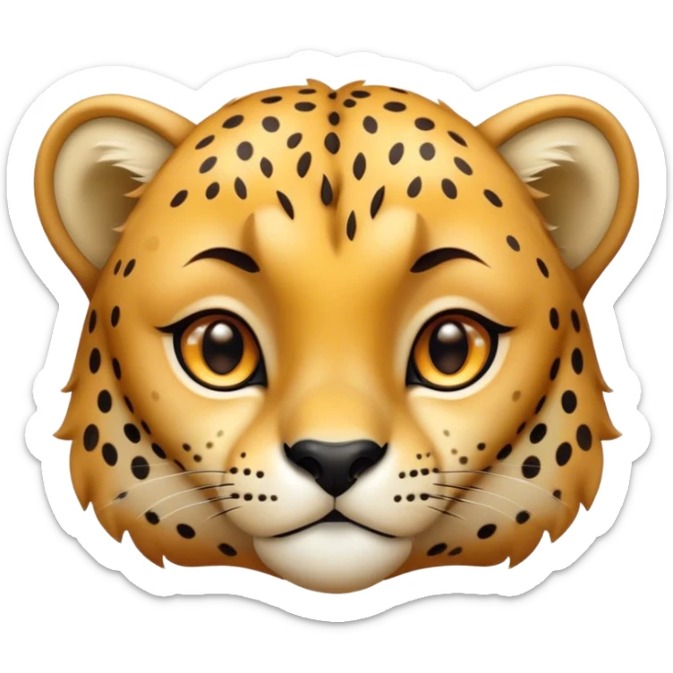 Cinematic Cute Cheetah Portrait Emoji, Head tilted playfully and inquisitively, featuring a glossy, golden spotted Fur with a natural sheen, round, sparkling amber eyes filled with curious mischief, Simplified yet irresistibly adorable features, highly detailed, glowing with a warm, friendly glow, high shine, affectionate and agile, stylized with a touch of savannah whimsy, bright and endearing, soft glowing outline, capturing the essence of a mischievous yet loving cheetah, so playful it feels like it could dash out of the screen and into your arms! sticker