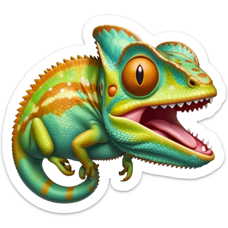 cinematic giant-yawning chameleon-realistic emoji, mouth wide open with tongue out, -blending-with-vibrant-greenery.-detailed-scales-in-shifting-colors,-showing-the-chameleon’s-ability-to-camouflage.-soft-natural-light-highlights-its-texture.-light-background, zoomed into its face sticker
