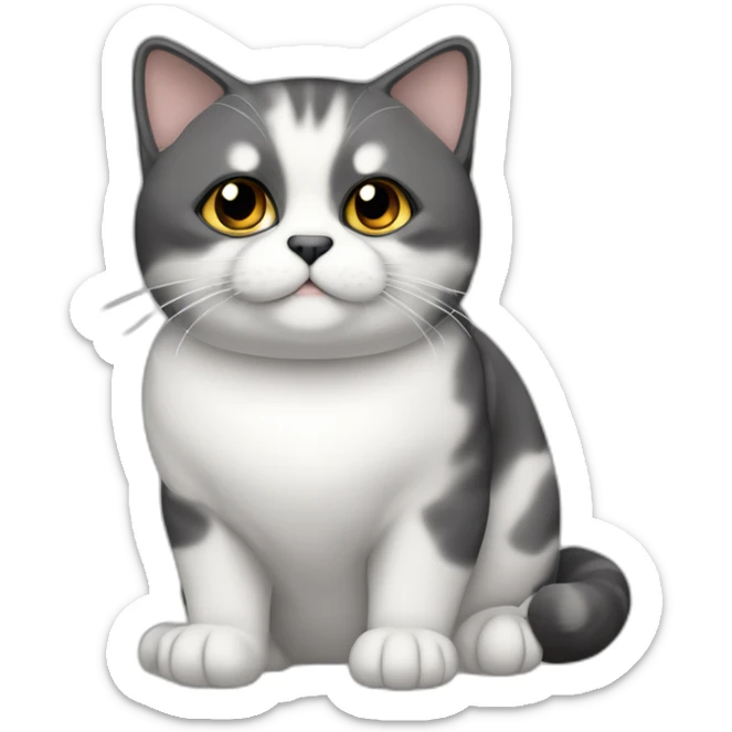 senior chubby diluted calico cat, white chin, black nose, grey ears, grey and white sticker