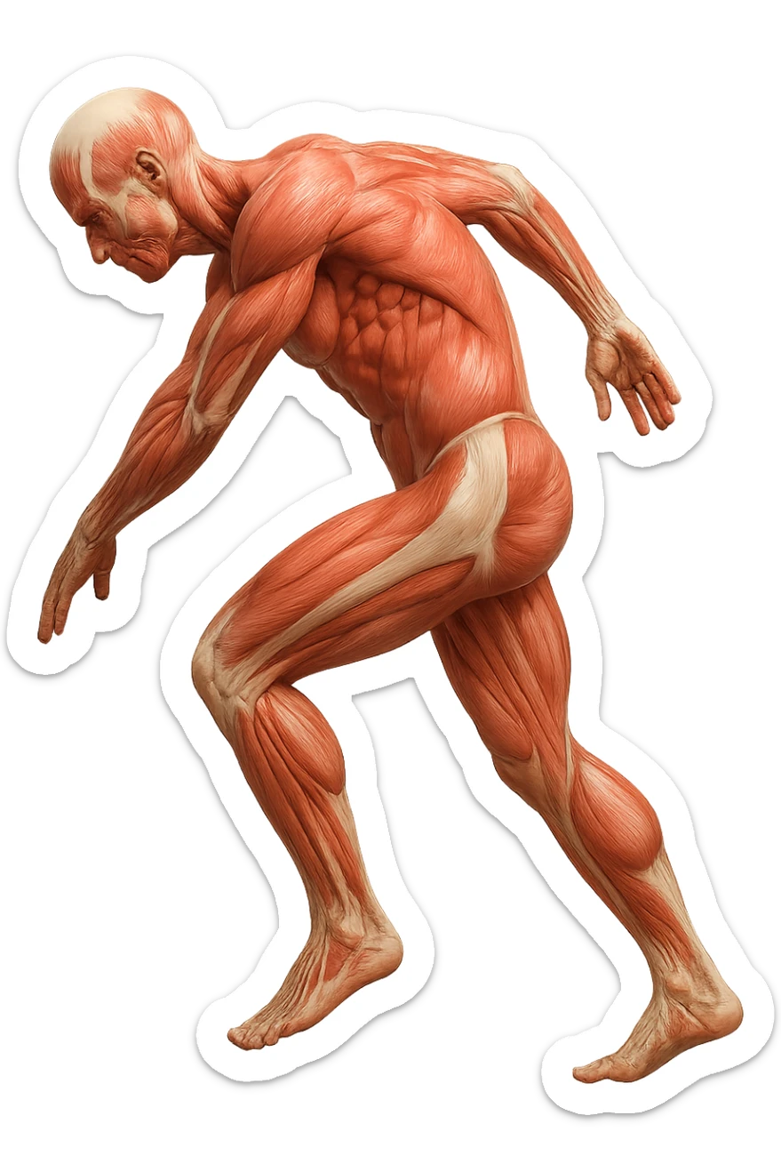 corpo umano anatomico realistico che si butta con la schiena e le spalle in avanti, postura delle spalle chiuse, isolato su sfondo bianco sticker