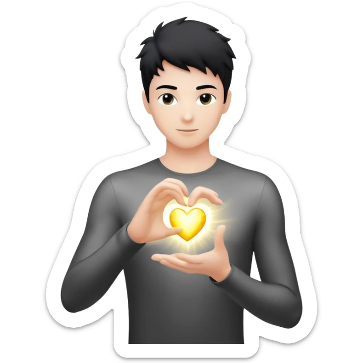 youthful male silhouette with glowing heart spark and flowing energy at fingertips, minimalist black or silver with soft dynamic motion sticker