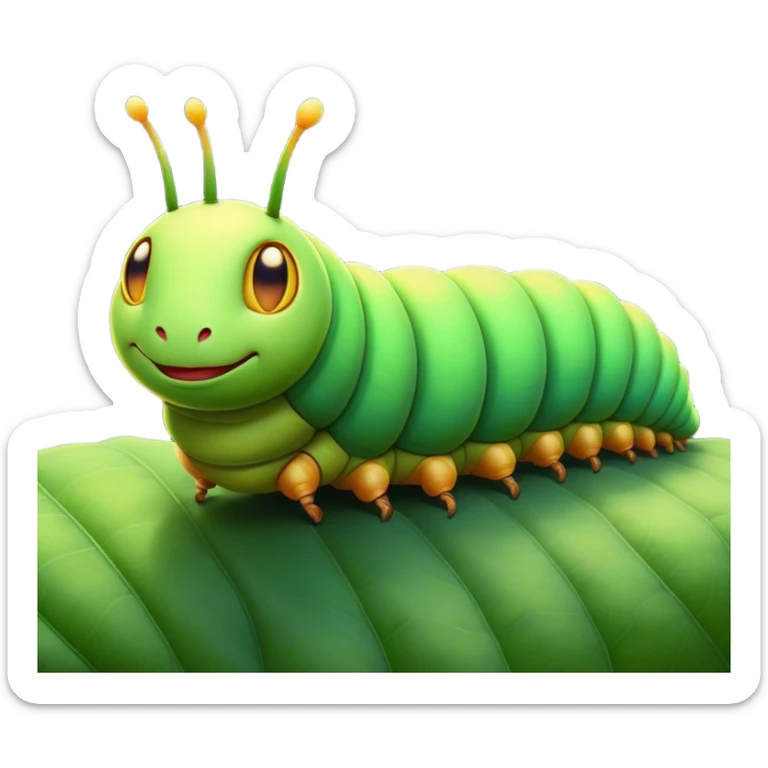 Cinematic Noble Caterpillar Portrait Emoji, Poised and vibrant, with a segmented, gently curving body adorned in bright, lively hues and delicate, inquisitive eyes, Simplified yet charmingly detailed features, highly detailed, glowing with a soft, verdant radiance, high shine, intelligent and resilient, stylized with an air of natural transformation, focused and curious, soft glowing outline, capturing the essence of a watchful caterpillar that appears ready to inch out of the screen with gentle determination! sticker