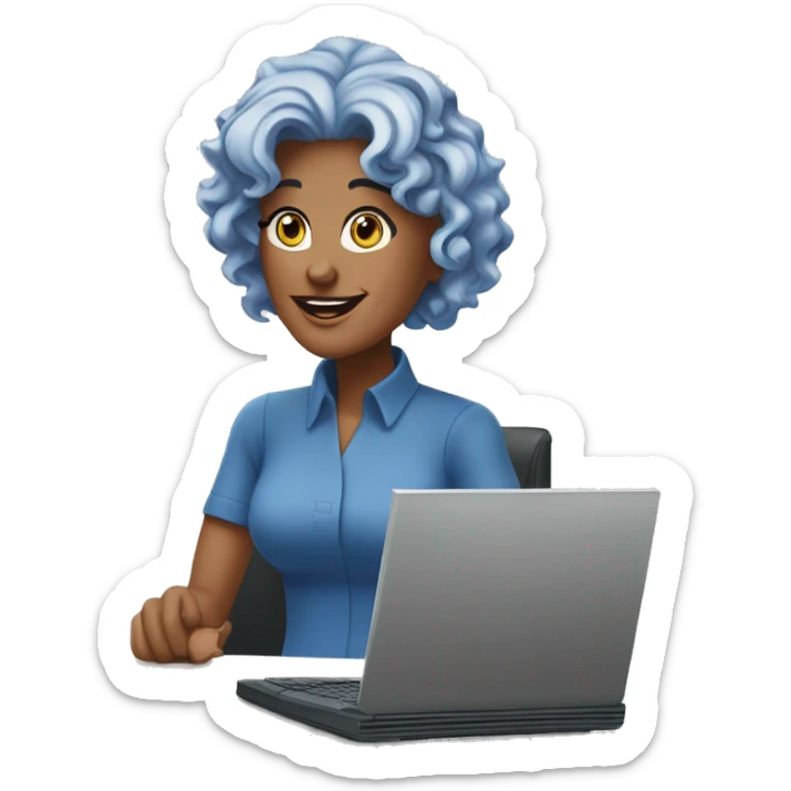  a charismatic 47-year-old woman with blue wavy hair engrossed in her work on a computer. Her friendly and approachable eyes meet the viewer's gaze. Two icons representing Microsoft Excel and Word are subtly incorporated within the scene.  sticker