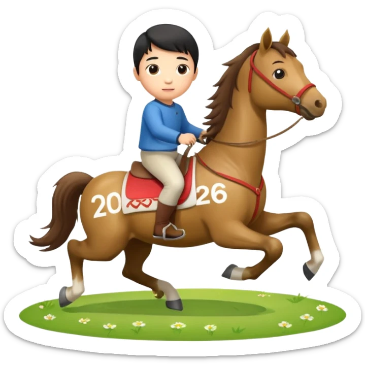 l little chinese boy riding on a  cute horse running on the grass with 2026 year label sticker