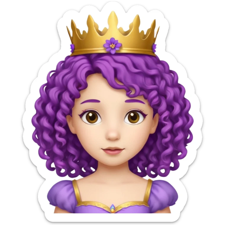 Princesses kid girl, with Gold Crown and flower on purple curly hair, with white dress sticker
