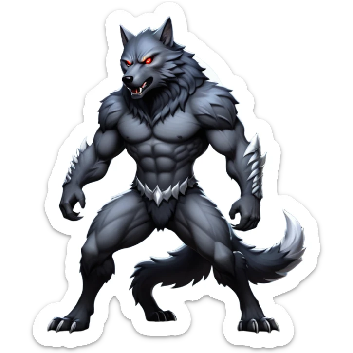 cinematic-noble-fierce-werewolf-full body-emoji, poised-and-imposing, with a tall, slender yet muscular frame inspired by the brutal, imposing shape of the beast from Berserk, fur rippling in shades of midnight black and silver, eyes glowing with an intense, primal ferocity, reflecting the untamed power of the wild moonlit night; rendered with realism sticker