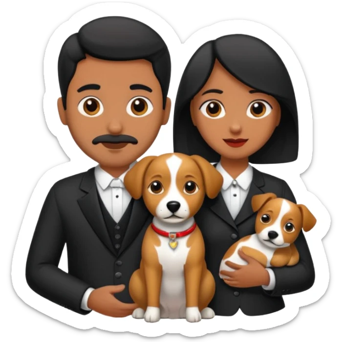 Pareja de novios, pelo negro ambos, y con dos perritos pincher en brazos sticker