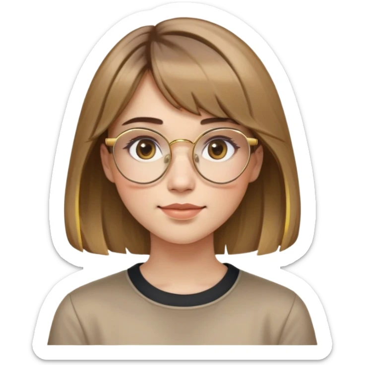 young adult woman with light skin, friendly and serene expression, round face with prominent cheeks, light brown hair with golden highlights, voluminous and straight with slight waves, long bangs over eyebrows, large octagonal glasses with thin golden or light pink frame, casual dark shirt sticker