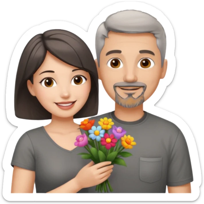 smiling man with short gray hair and goatee in grey shirt giving flowers to a pretty, sexy, slightly curvy white woman with short dark brown hair  sticker