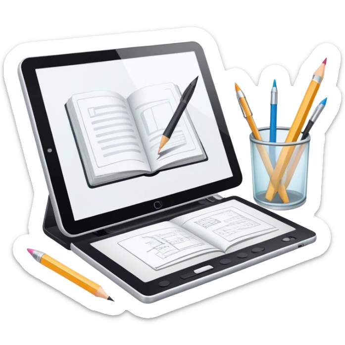 Illustration icon, pencil, paintbrush, gel pen, graphic tablet or monitor with digital illustration, open book with sketches, minimalistic style, clean lines, transparent background. sticker