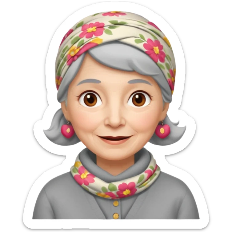 A kind old Soviet village grandmother emoji — elderly woman wearing a floral headscarf tied under her chin, simple gray cardigan, warm smile, friendly face, flat emoji style, minimal Apple-like design. sticker
