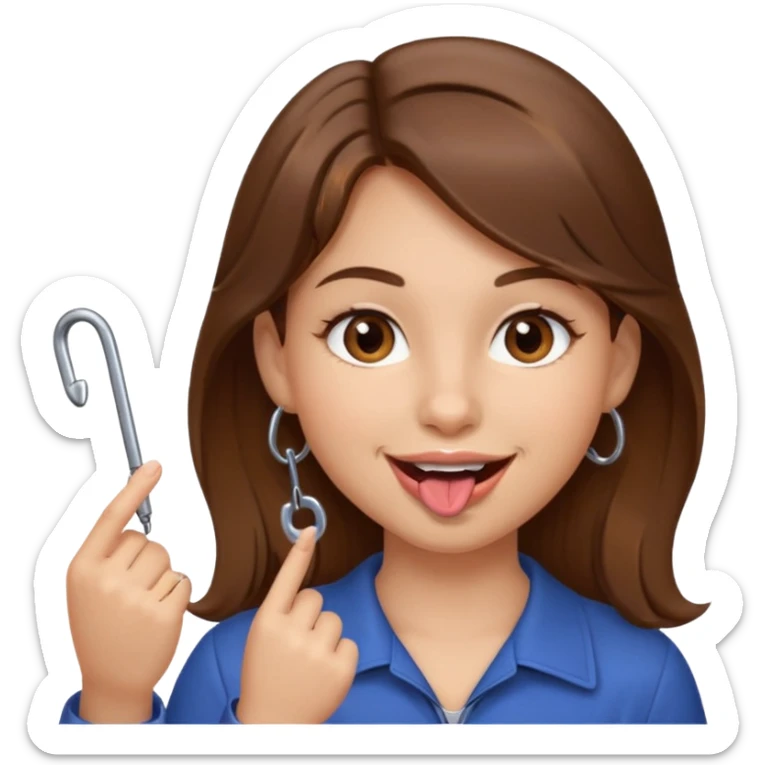 Emoji Fille cheveux long et brun yeux brun et que elle mette un doigt dans sa bouche qui forme un crochet et que elle fait un sourire  sticker