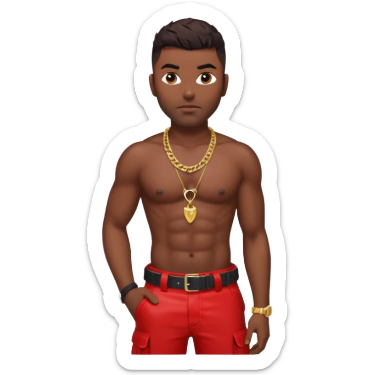 Ginuwine with dark brown hair, shirtless with necklace, latex red cargo pants sticker