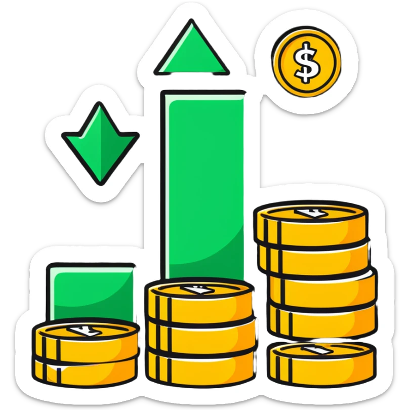 green upward arrow next to three stacks of gold coins in ascending height sticker