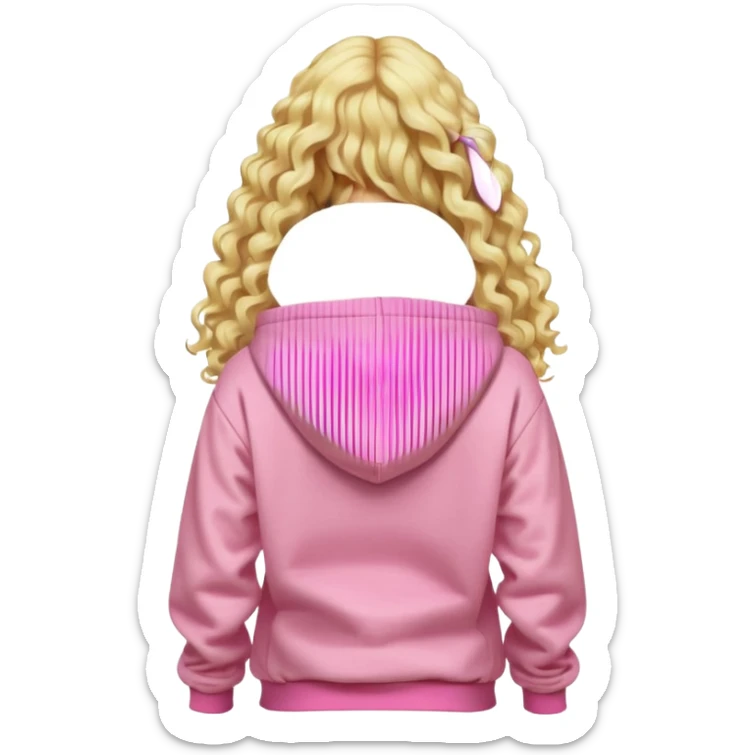 back view of person with long blonde curly hair wearing a pastel pink hoodie, iOS Apple emoji style sticker