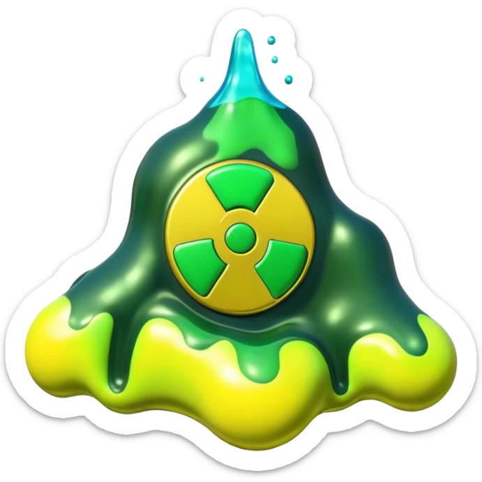 3D render of Oil Slick, toxic waste aesthetic, neon green bubbling liquid, caution yellow metal, industrial warning texture. sticker