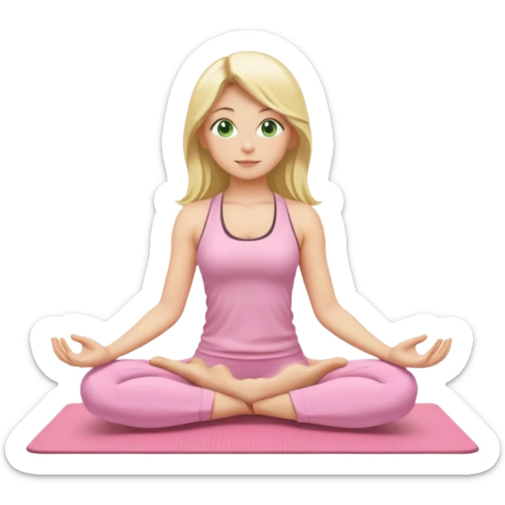 blonde long-haired yoga girl, green eyes, light pink yoga clothes, sitting on a yoga mat in meditation pose, emoji style sticker