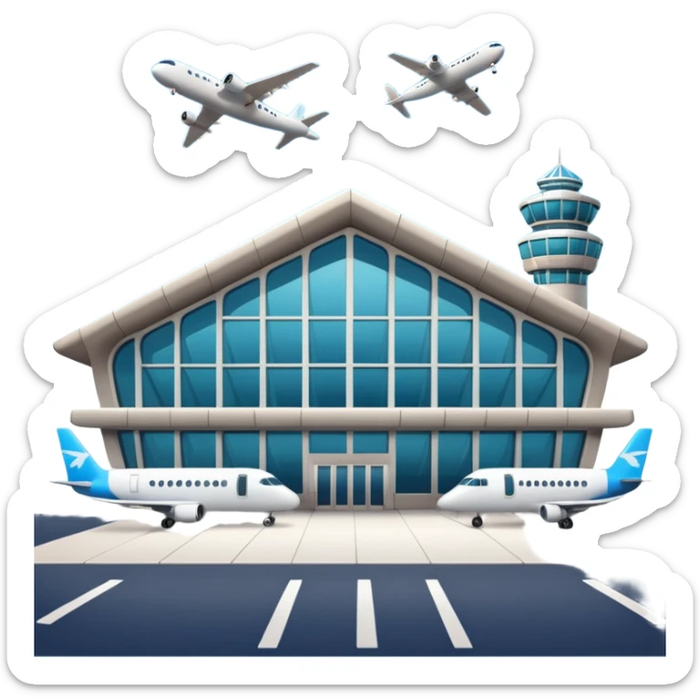 A 3D cartoon airport terminal building with glass windows and airplanes nearby, clean lighting, Memoji-style rendering. sticker