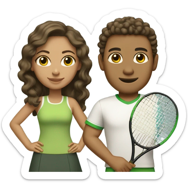 A couple playing tennis. The man is light skin (olive tone) with straight brown hair and green eyes. The woman is lighter tan (Latina) with curly dark brown hair and light brown eyes. sticker