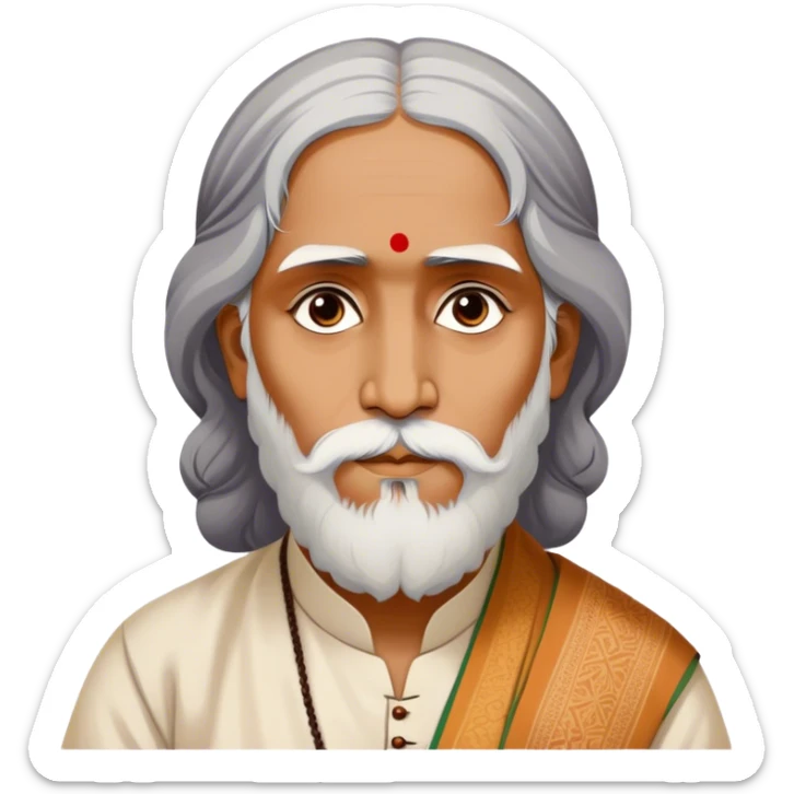 Rabindranath Tagore – Cinematic Realistic Portrait of Rabindranath Tagore, depicted with thoughtful, soulful eyes and gentle features, dressed in traditional Bengali attire with subtle artistic motifs, bathed in warm, soft lighting that evokes his poetic genius and timeless wisdom. sticker