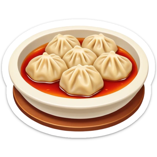 Chengdu Zhong dumplings with red oil sauce, simplified emoji style with bold outlines and bright colors, cartoon style Sichuan spicy water dumplings sticker