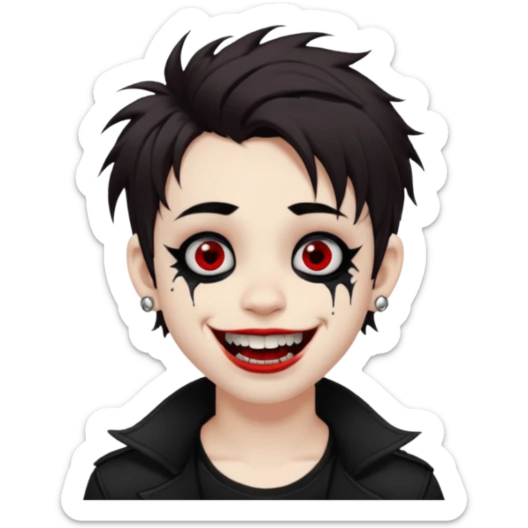 Laughing pale Goth boy with a bunch of face piercings, with shaggy dark brown hair, and messy black eyeliner , smudged, red, lipstick  sticker