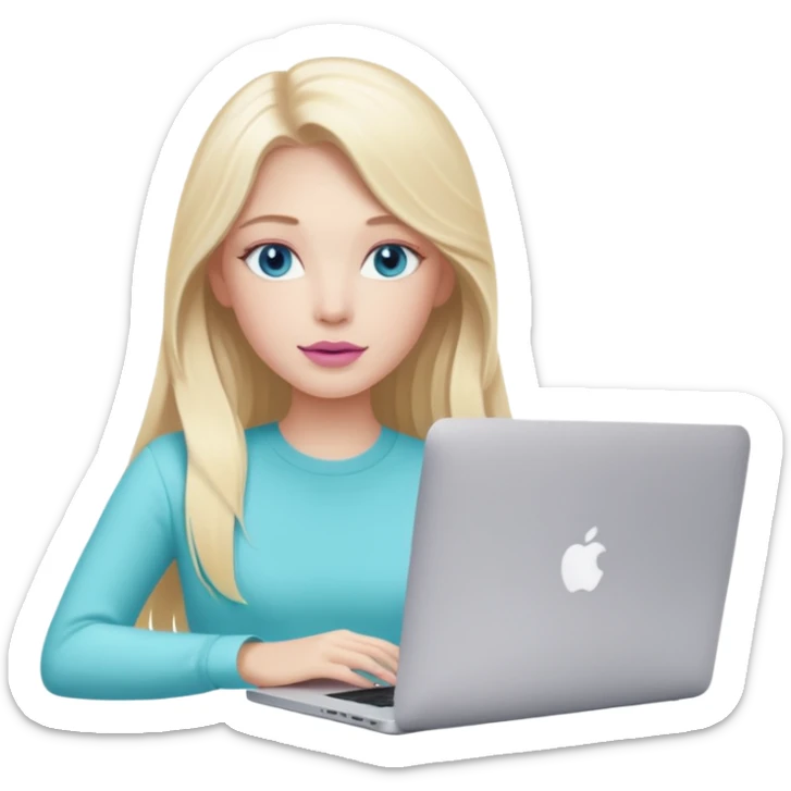 blonde long hair girl using macbook emoji. she has blue eyes and there is tatcha longevity cream (teal colour) and Summer fridays lip balm (pink sugar) in front of the laptop sticker