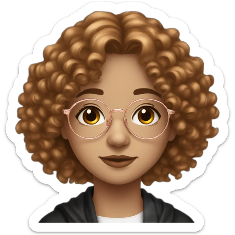 British teenage girl long curly flax hair amber eyes rose gold round glasses white shirt black robe sticker