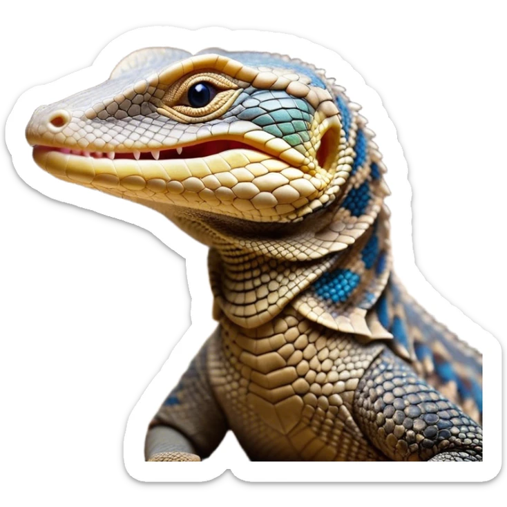Cinematic Cute Yawning Monitor Lizard Portrait Emoji, Head tilted slightly with a dramatic, wide-open yawn, showcasing textured, patterned scales and sleepy, half-closed eyes exuding relaxed charm, Simplified yet irresistibly adorable features, highly detailed, glowing with a soft, cozy glow, high shine, relaxed yet expressive, stylized with a dash of whimsical wildness, soft glowing outline, capturing the essence of a drowsy yet affectionate reptile that appears ready to stretch out for a nap! sticker