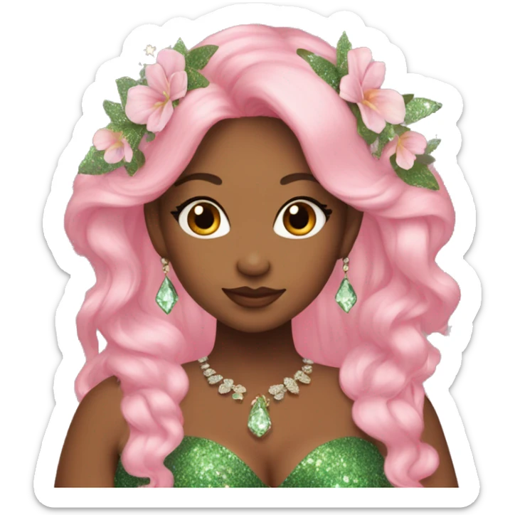 plus size woman, long beautiful pink hair, flowers in hair, glitter green dress, crystal jewelry, fairy wings, elf ears sticker