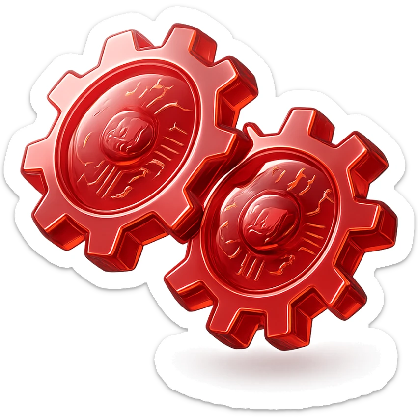 set of 2 round gears, shiny and metallic, glossy circuit style, all in red color sticker