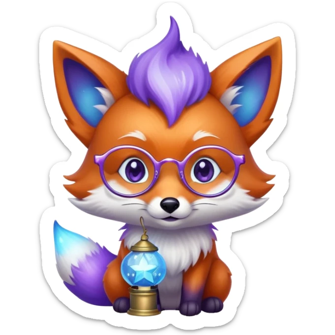 Laughing with tears of joy 😂 — a small magical fox with shimmering purple and blue fur, a glowing fluffy tail, a silver star on its forehead, round glasses, and a tiny lantern. sticker