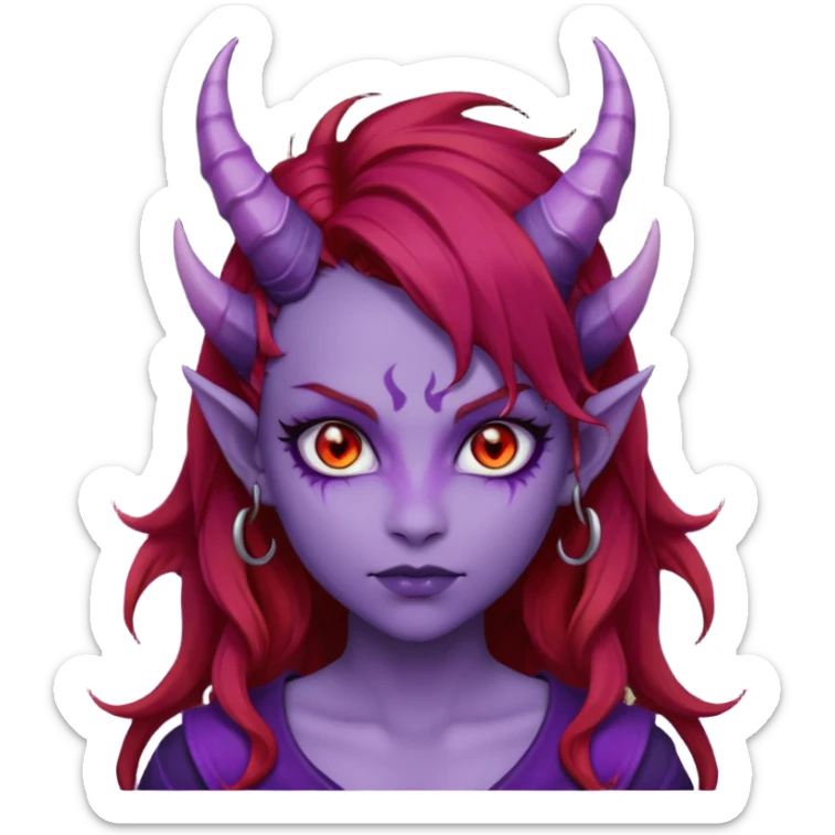 Demon Girl Purple Skin Dragon Horns Black Eyes Red Glowing Pupils Auburn Haired Red Shirt  sticker