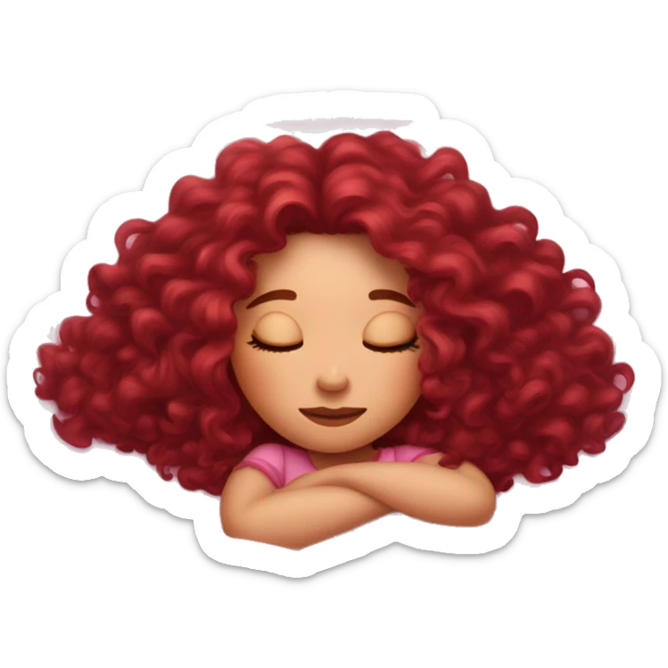 gorgeous white woman with long burgundy curly hair sleeping on pink princess bed sticker