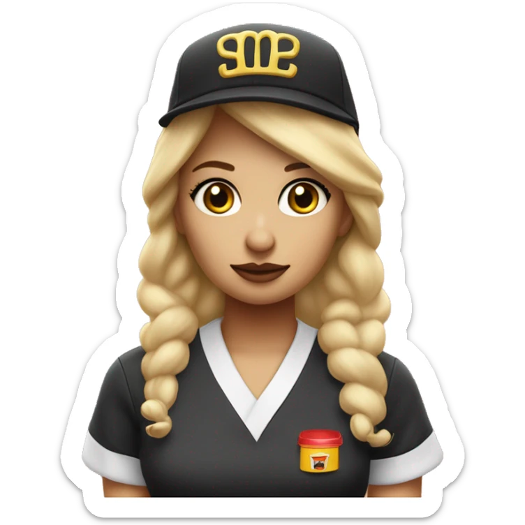 pretty blonde hair tied up with makeup and lashes. in a mcdonald’s uniform and hat looking sad sticker