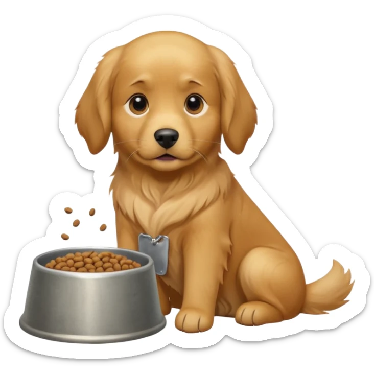 dog with dog food in bowl in front of him, sitting sticker