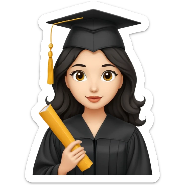 beautiful olive-skinned woman with wavy black hair wearing graduation cap and gown, holding diploma sticker