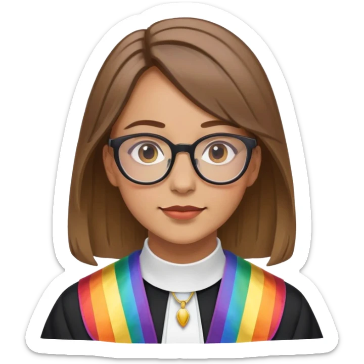 female brown hair light skin with glasses add clergy collar, and rainbow stole, medium length hair sticker